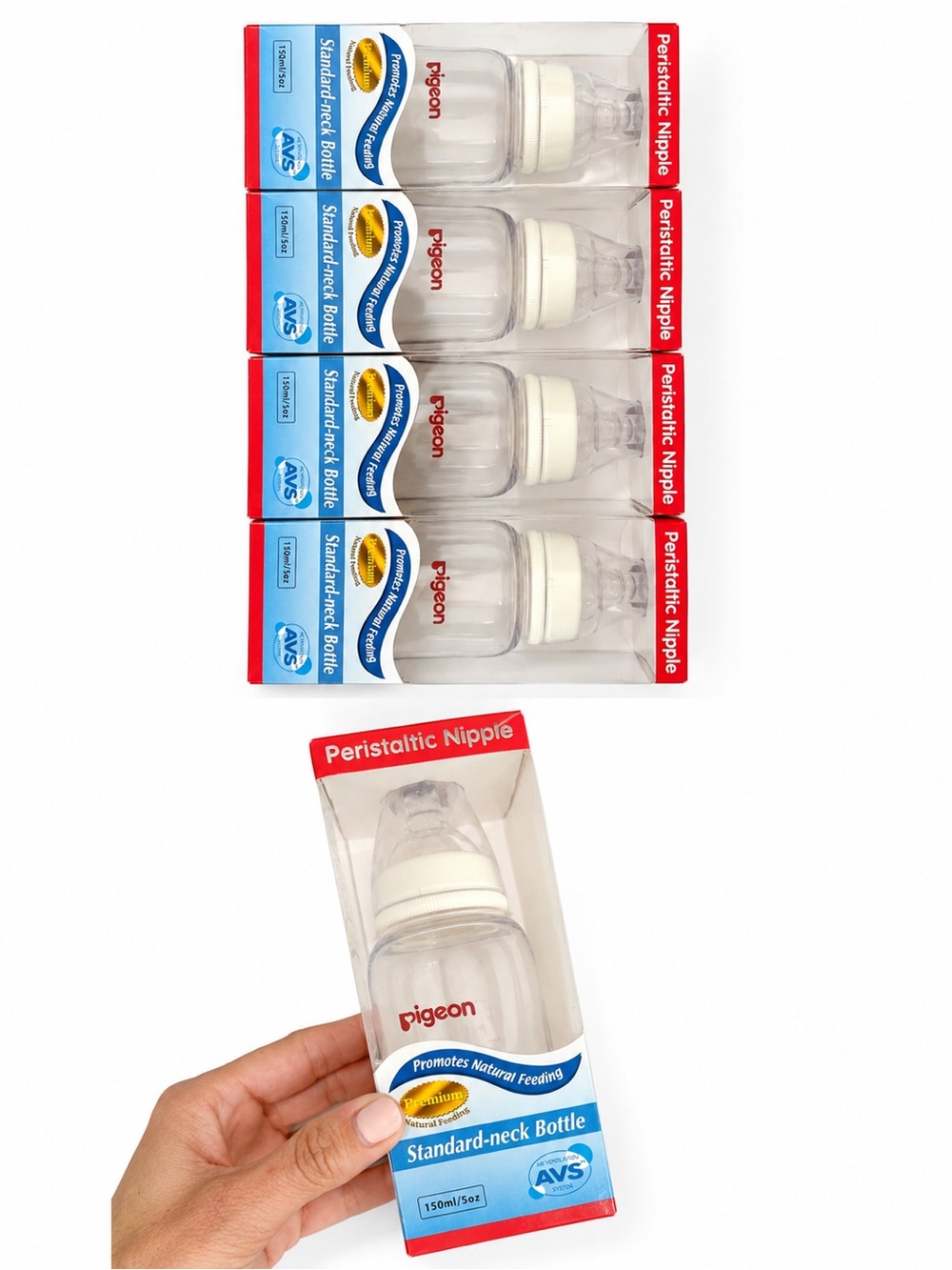 NIB Pigeon Standard-Neck Baby Bottles 150ml/5oz Peristaltic Nipple Lot of 5